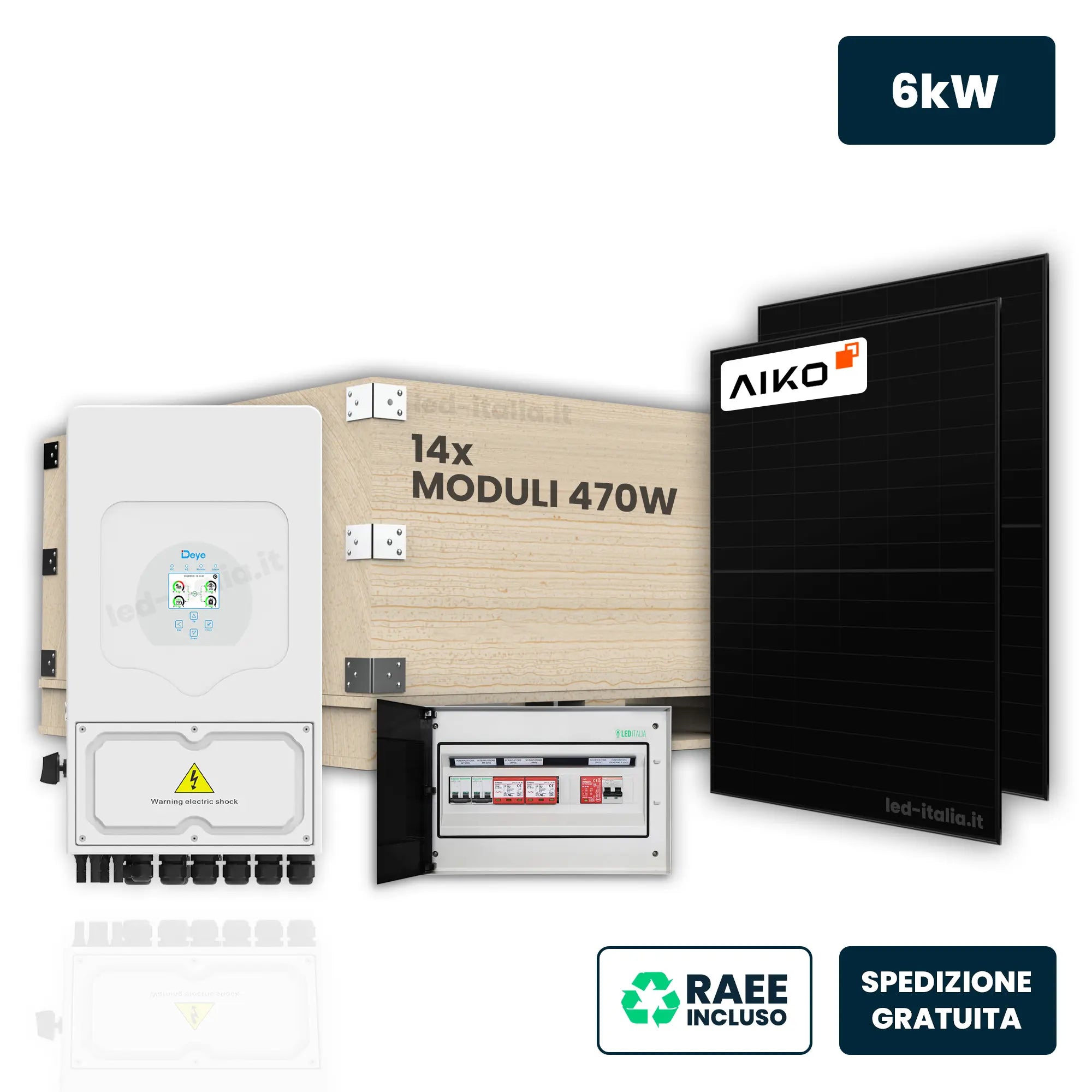 KIT FOTOVOLTAICO MONOFASE DEYE 6KW SENZA ACCUMULO CON 14 PANNELLI AIKO 470W (6.58KW) E QUADRO AC/DC