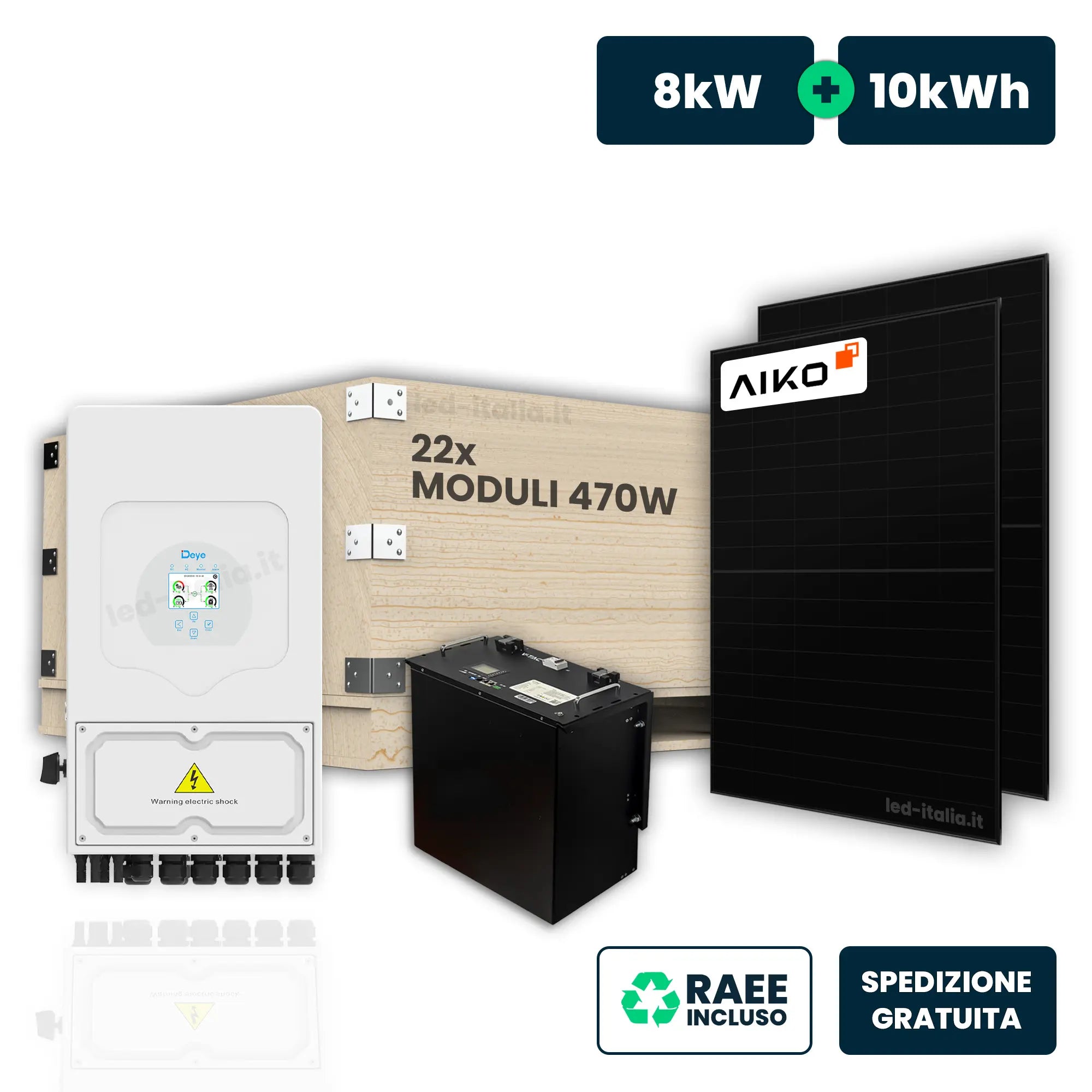 ITALIA KIT FOTOVOLTAICO MONOFASE DEYE 8KW+10KWH LFP CON 22 PANNELLI AIKO 470W (10.34KW)
