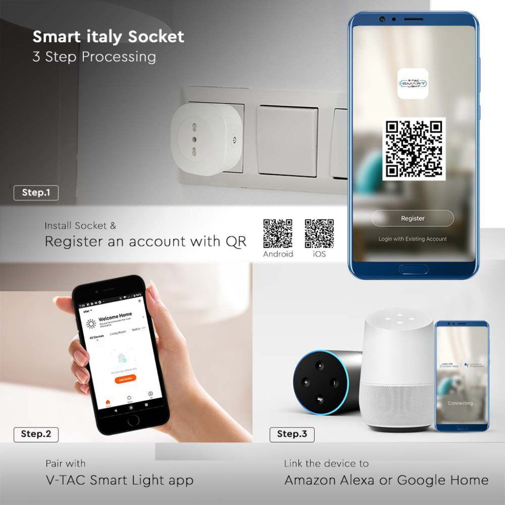V-TAC Presa Smart Singola per Schuko Bianco Compatibile con Google Home e Amazon