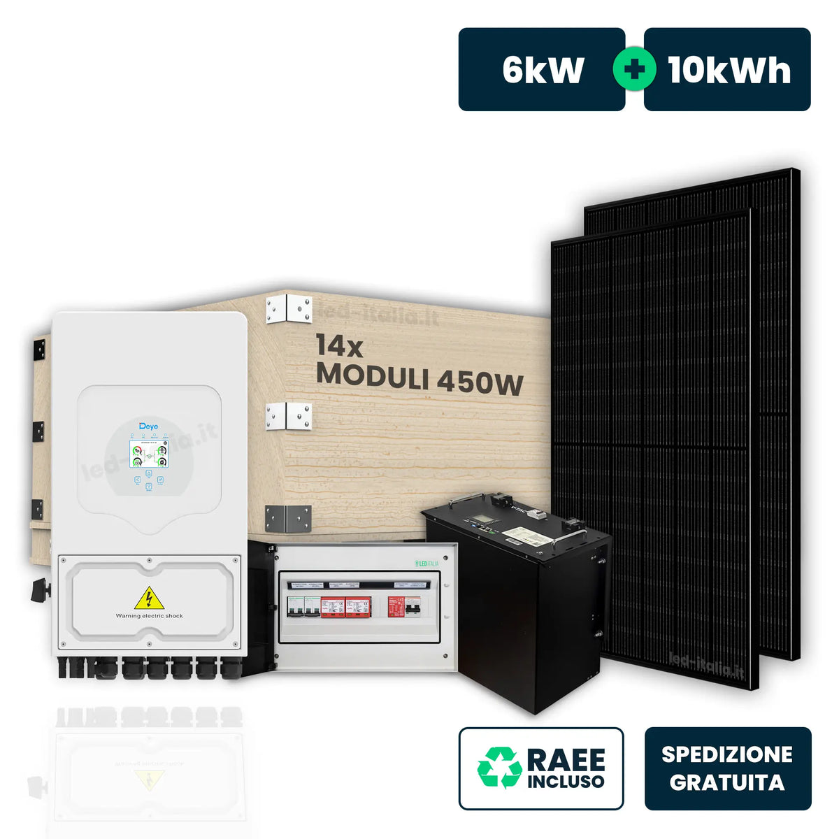 V-TAC Italia Kit Fotovoltaico Monofase Deye 6kW+10kWh LFP con 14 Pannelli 450W