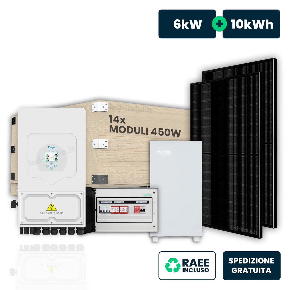 V-TAC Italia Kit Fotovoltaico Monofase Deye 6kW+10kWh LFP con 14 Pannelli 450W