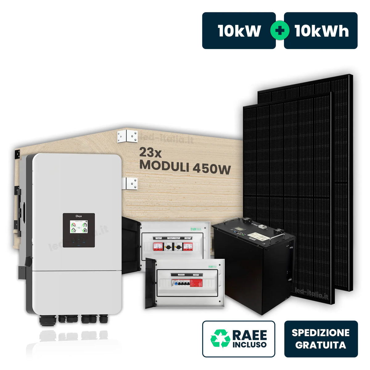 V-TAC Italia Kit Fotovoltaico Trifase Deye 10kW+10kWh LFP con 23 Pannelli 450W