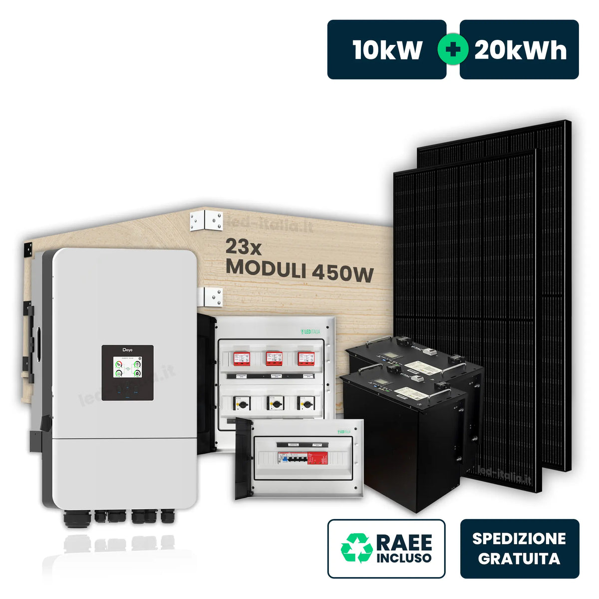 V-TAC Italia Kit Fotovoltaico Trifase Deye 10kW+20kWh LFP con 23 Pannelli 450W