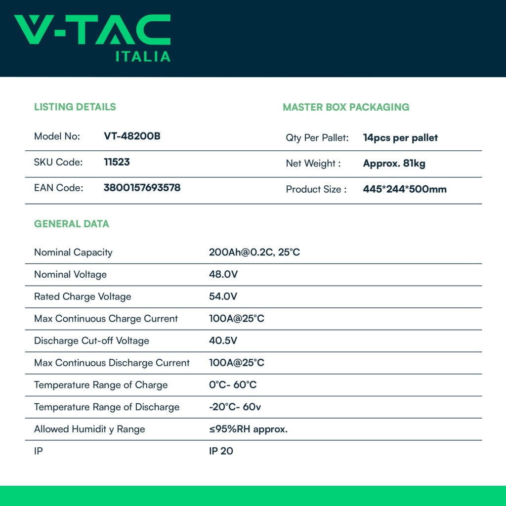 V-TAC Batteria di Accumulo Rack LV 9.6kWh LFP 48V 200Ah 100A Nera CEI 0-21