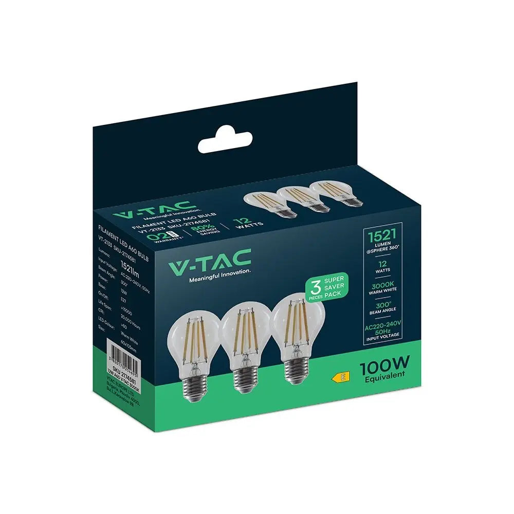 V-TAC Lampadina LED E27 12W 125LM/W A60 Filamento  (Box 3 Pezzi)