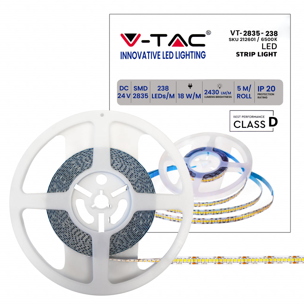 V-TAC Strip LED SMD2835 18W/m Bobina 5m 238 LED/m 24V 135LM/W 10mm