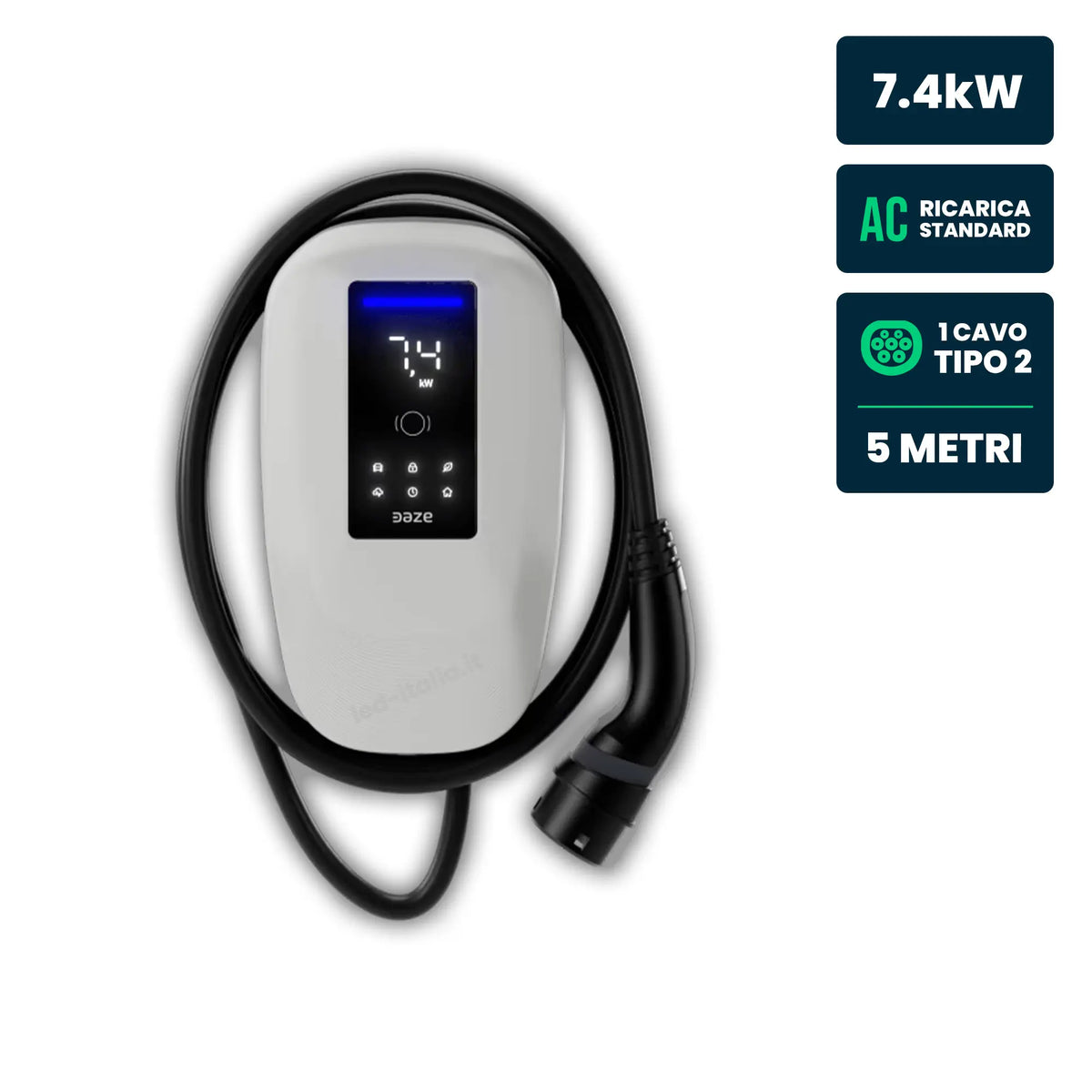 Wallbox Dazebox Home T 7.4kW Monofase 32A con Schermo, RFID e Cavo Tipo 2 5m