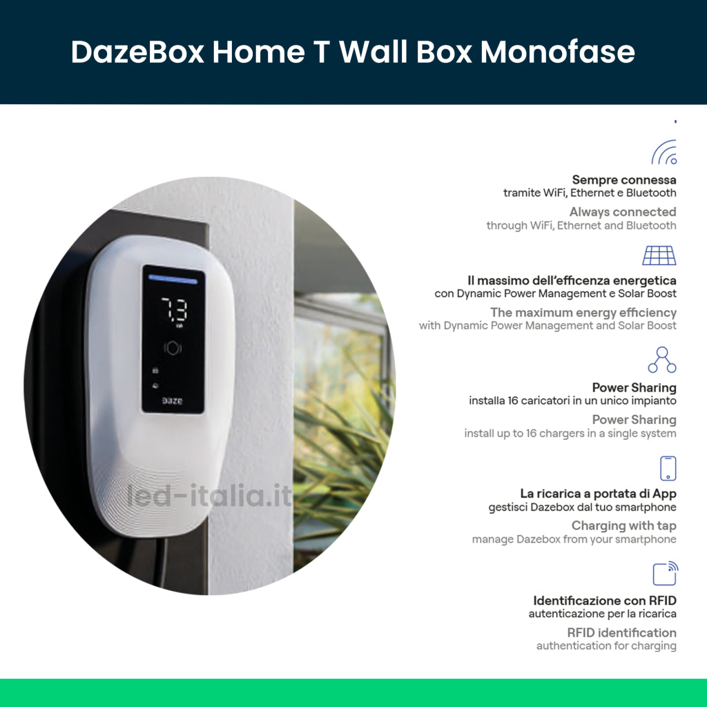 Wallbox Dazebox Home T 7.4kW Monofase 32A con Schermo, RFID e Cavo Tipo 2 5m